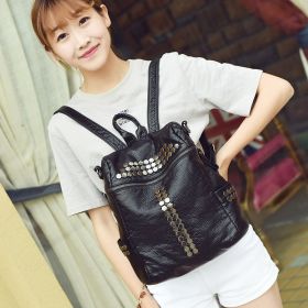 Washed Leather Portable Shoulder Bag College Style Schoolbag Travel Backpack (Color: Black)